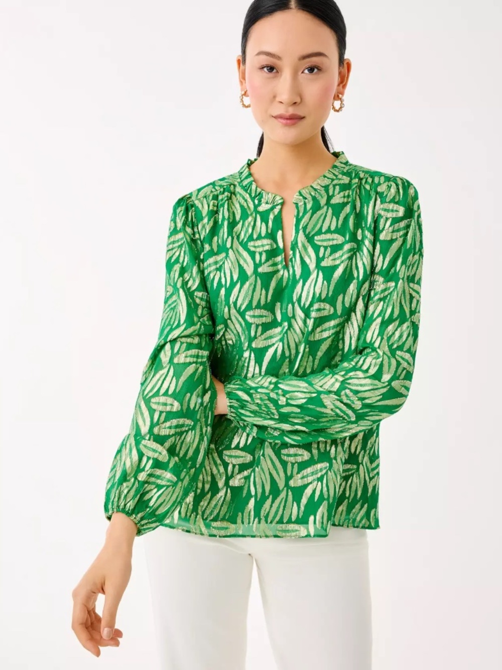 Lilly Pulitzer Giana Long Sleeve Silk Top Green Floral Metallic Size XS